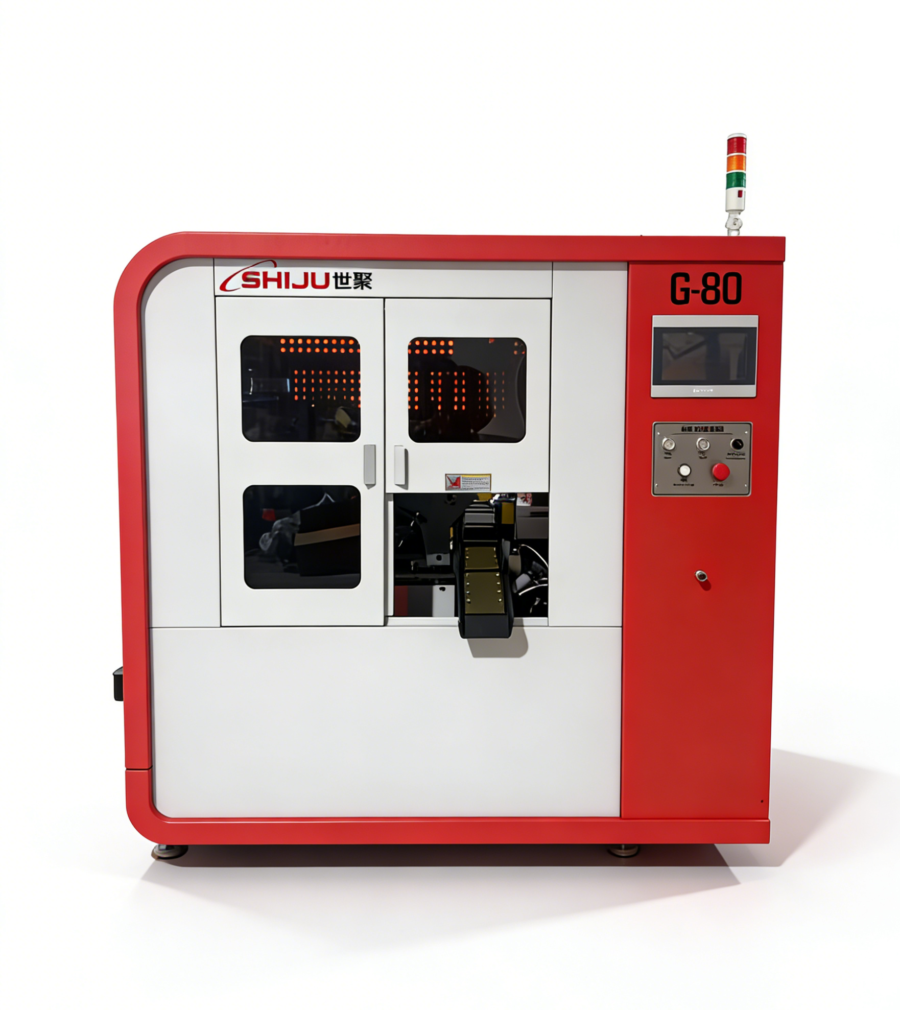 SHIJU G-80 red and white automatic circular saw on a white background